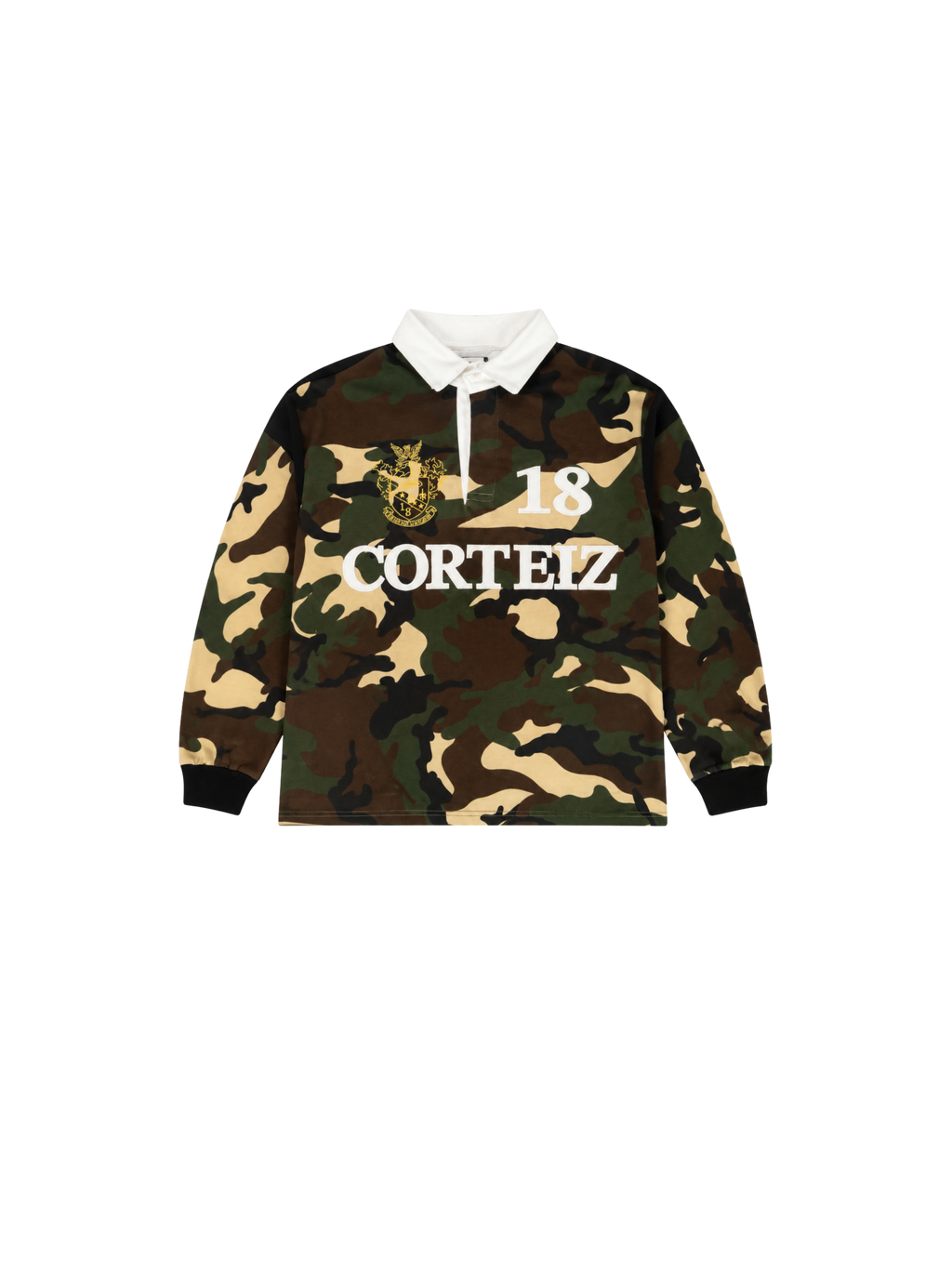 Corteiz Panelled Rugby Top in Woodland Camo