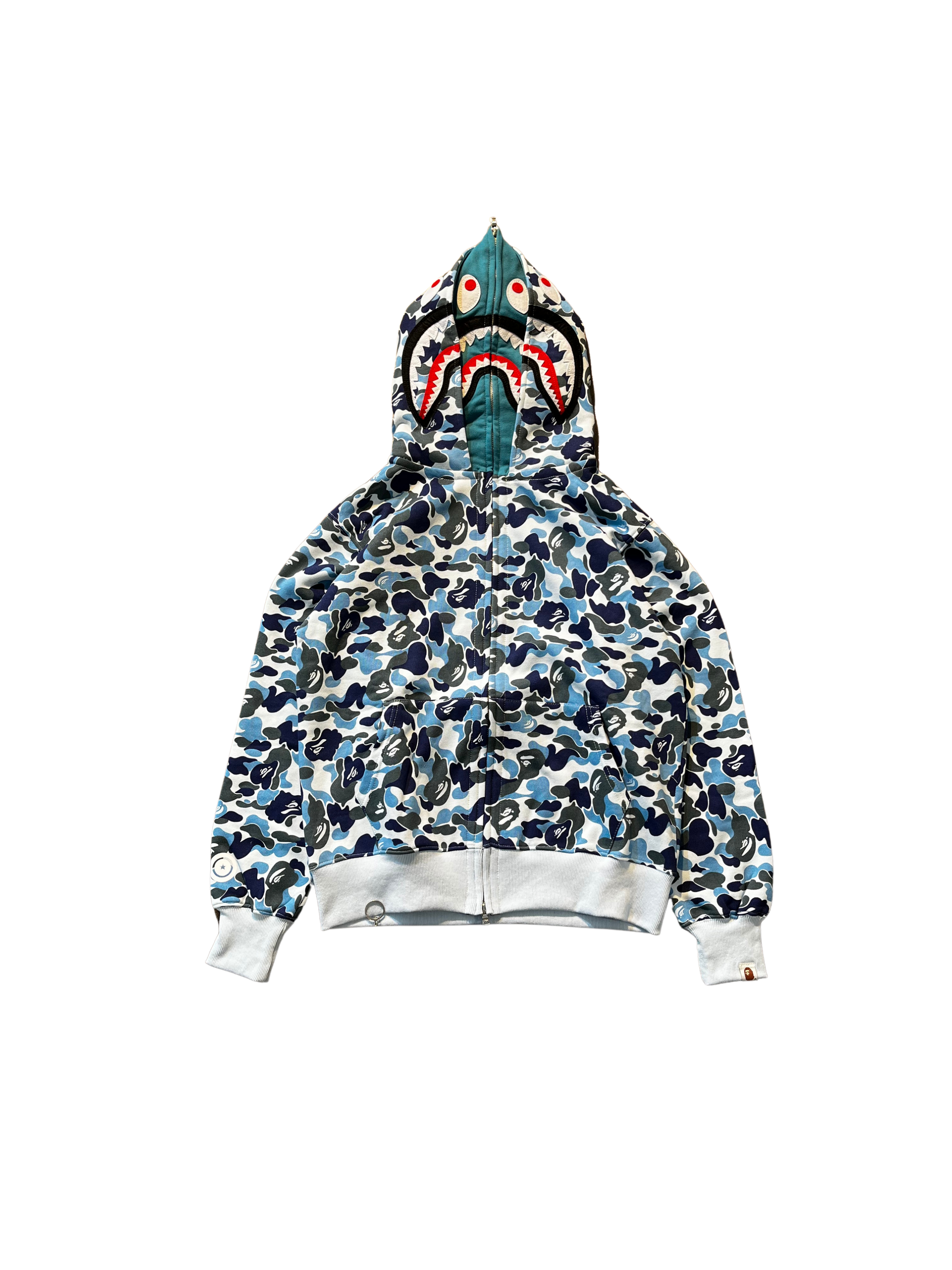 BAPE Double Hood Camo Shark Wide Full Zip Hoodie in Blue