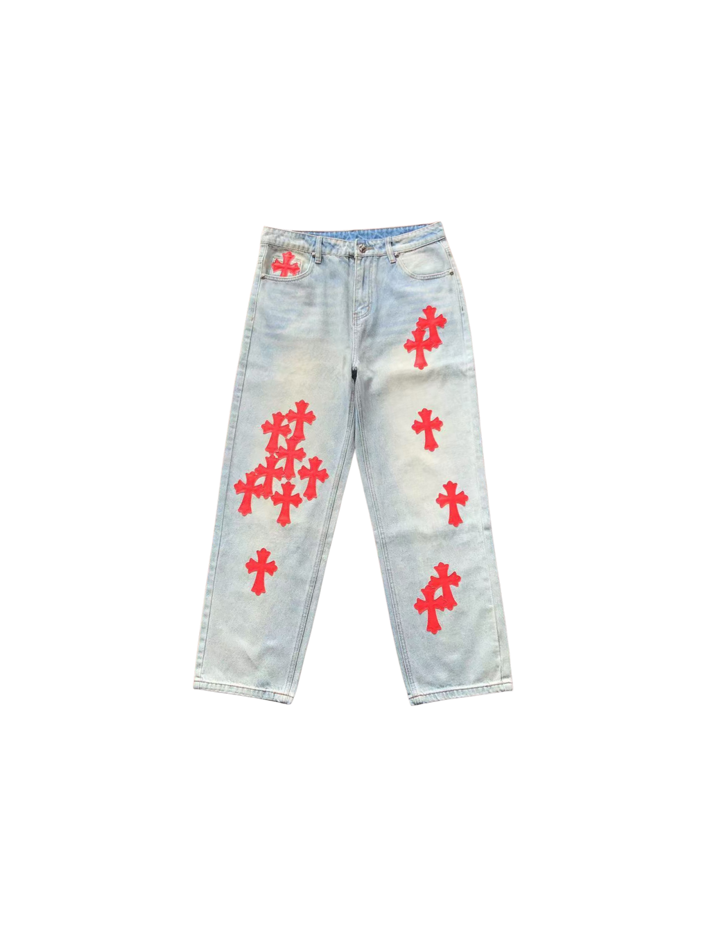 Chrome Hearts Patent Leather Cross Patch Denim Pants