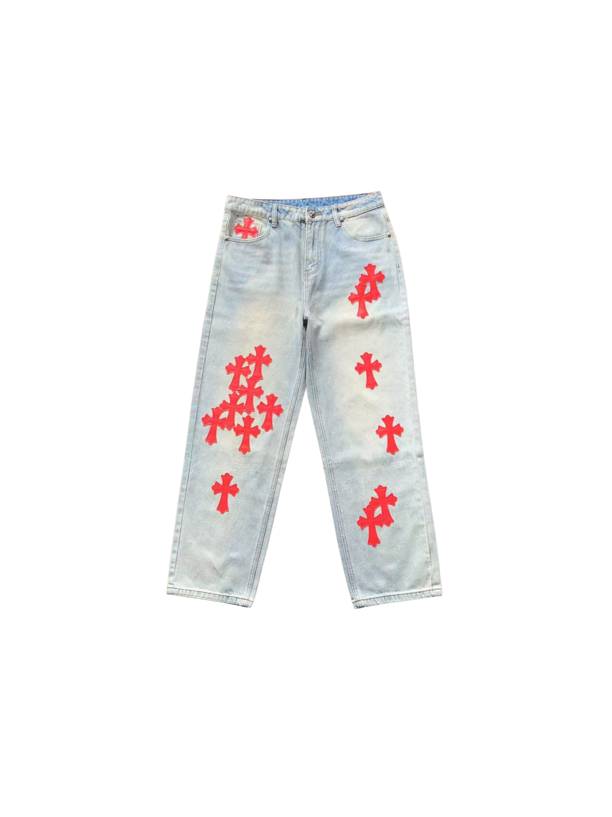 Chrome Hearts Patent Leather Cross Patch Denim Pants