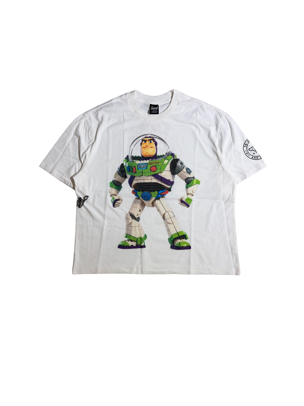 Saint Buzz Lightyear pizza planet tee