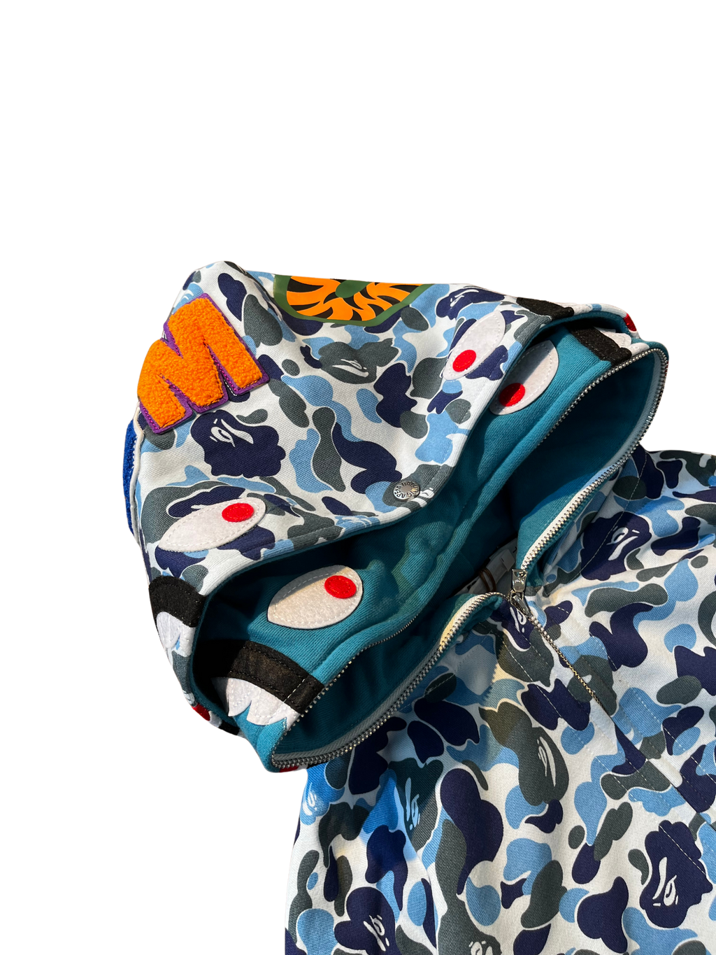 BAPE Double Hood Camo Shark Wide Full Zip Hoodie in Blue