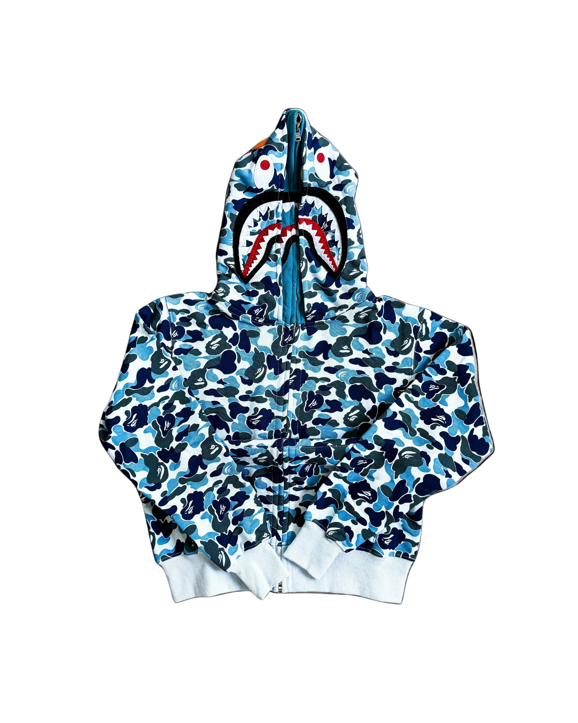 BAPE Double Hood Camo Shark Wide Full Zip Hoodie in Blue - MEDIUM