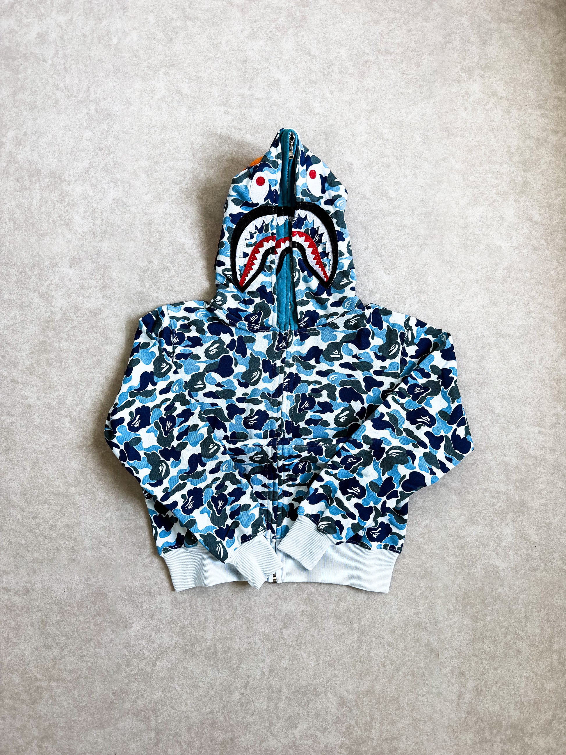 BAPE Double Hood Camo Shark Wide Full Zip Hoodie in Blue - MEDIUM