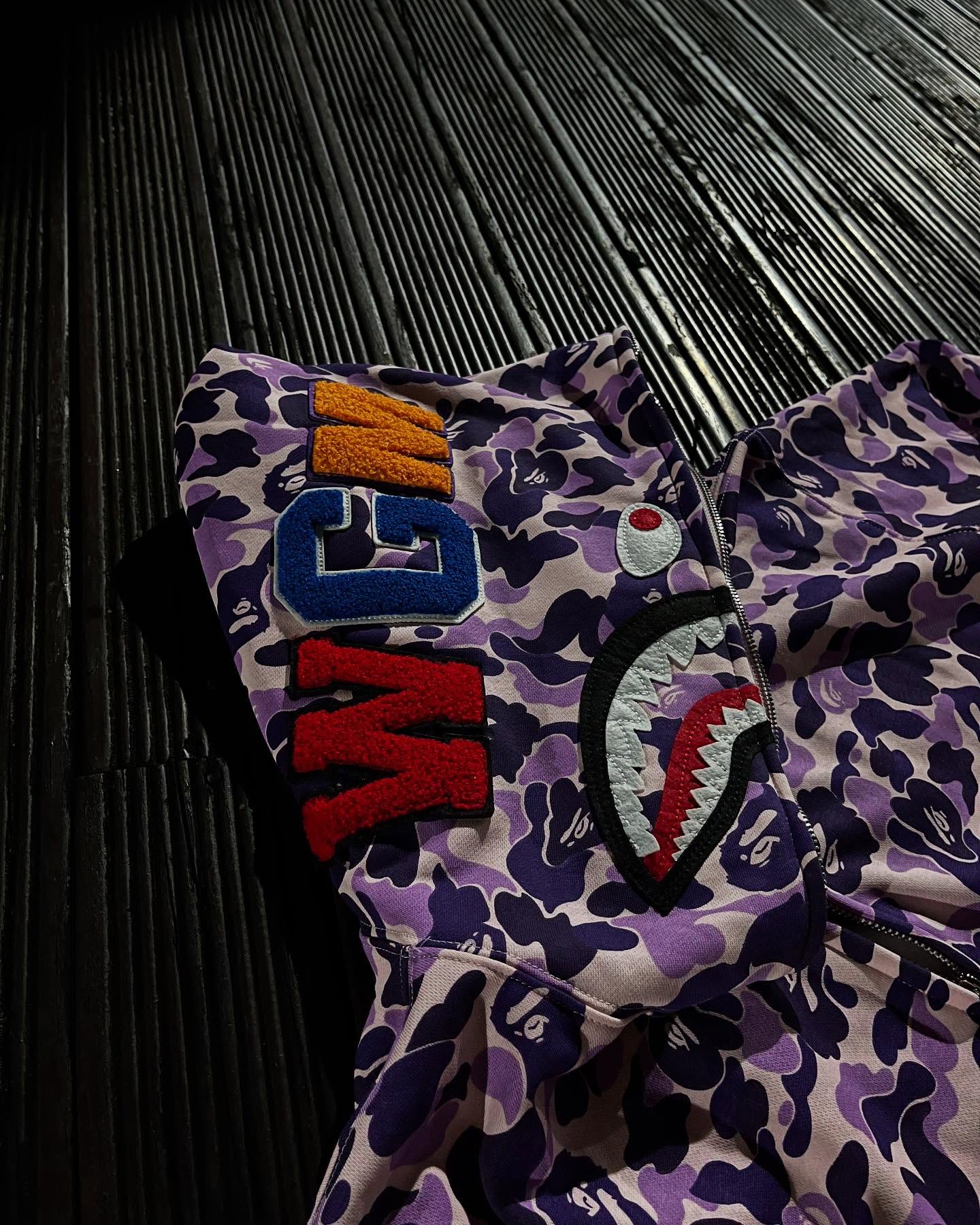 Bape shark camo in purple hoodie