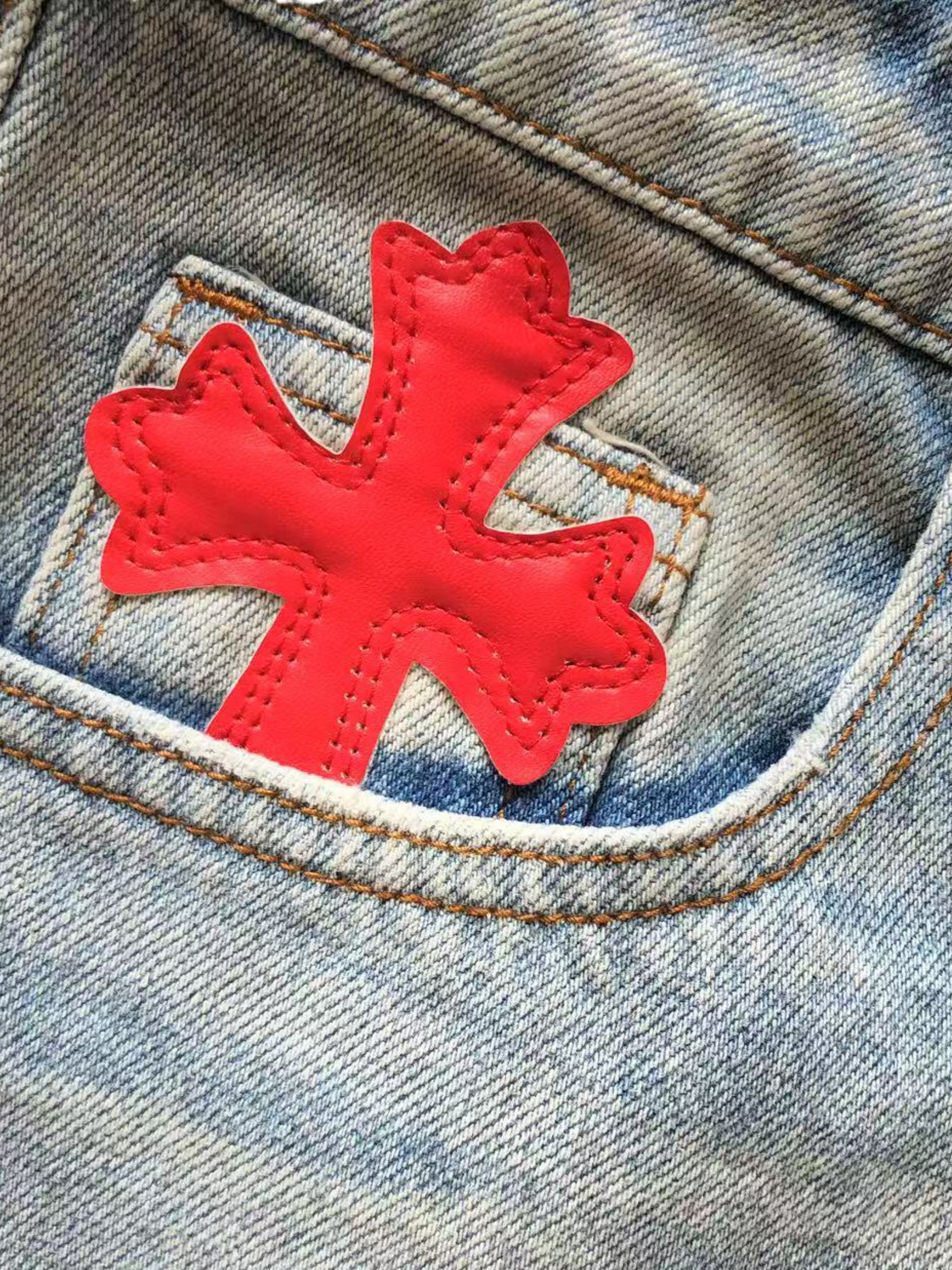 Chrome Hearts Patent Leather Cross Patch Denim Pants