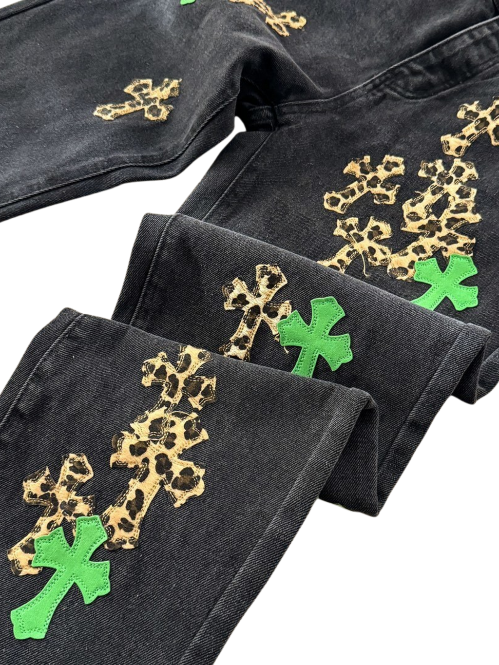 Chrome Hearts Leopard & Green Patch Denim Pants