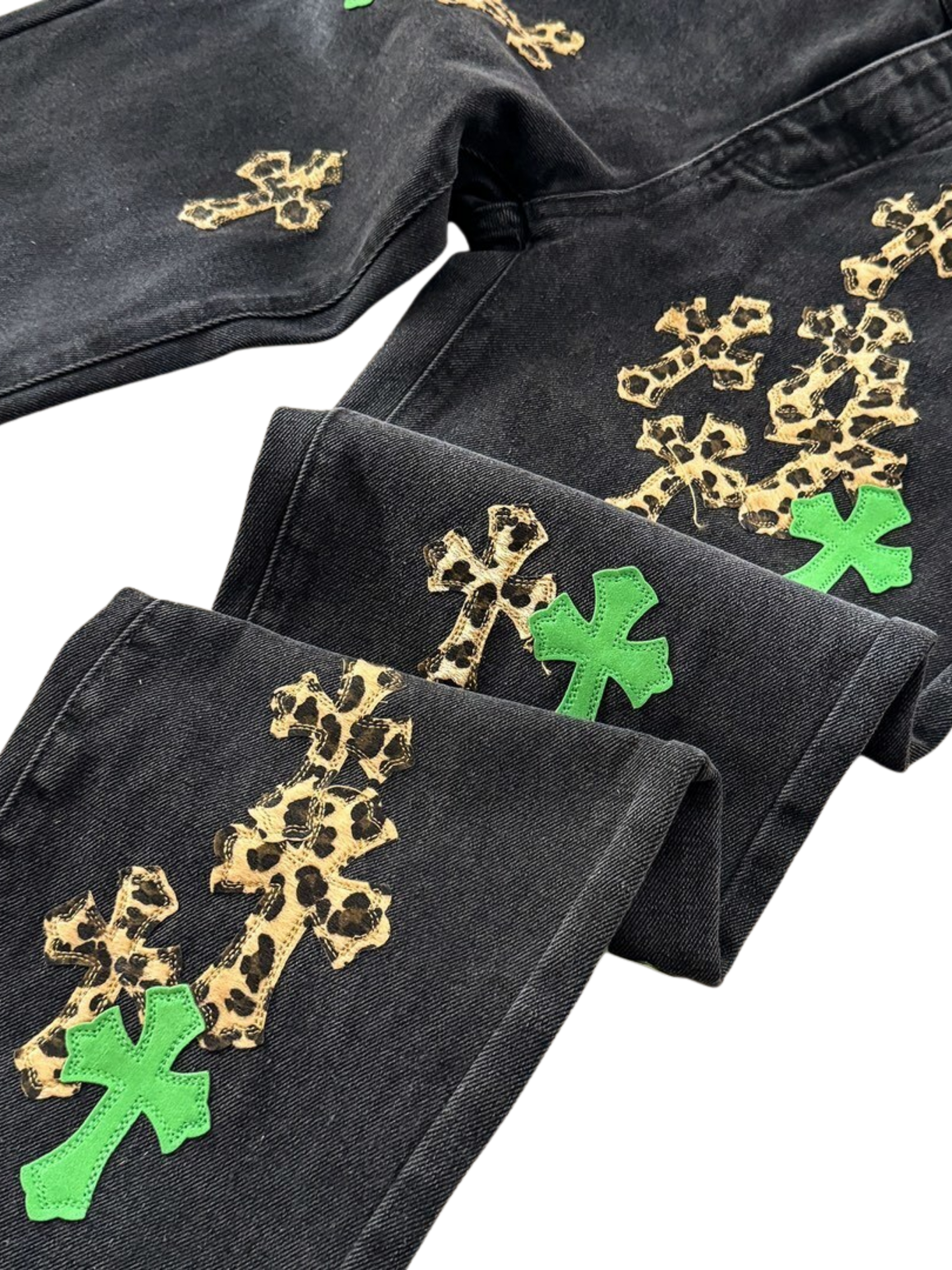 Chrome Hearts Leopard & Green Patch Denim Pants