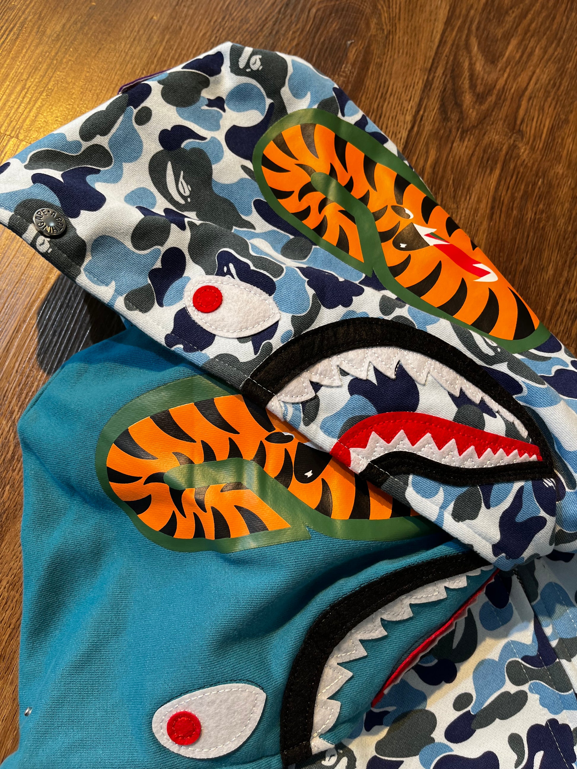 BAPE Double Hood Camo Shark Wide Full Zip Hoodie in Blue