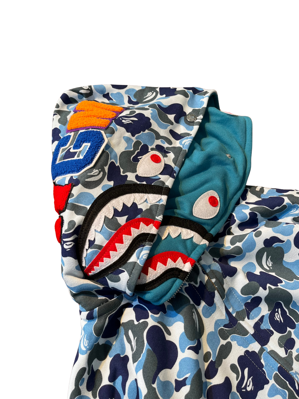 BAPE Double Hood Camo Shark Wide Full Zip Hoodie in Blue