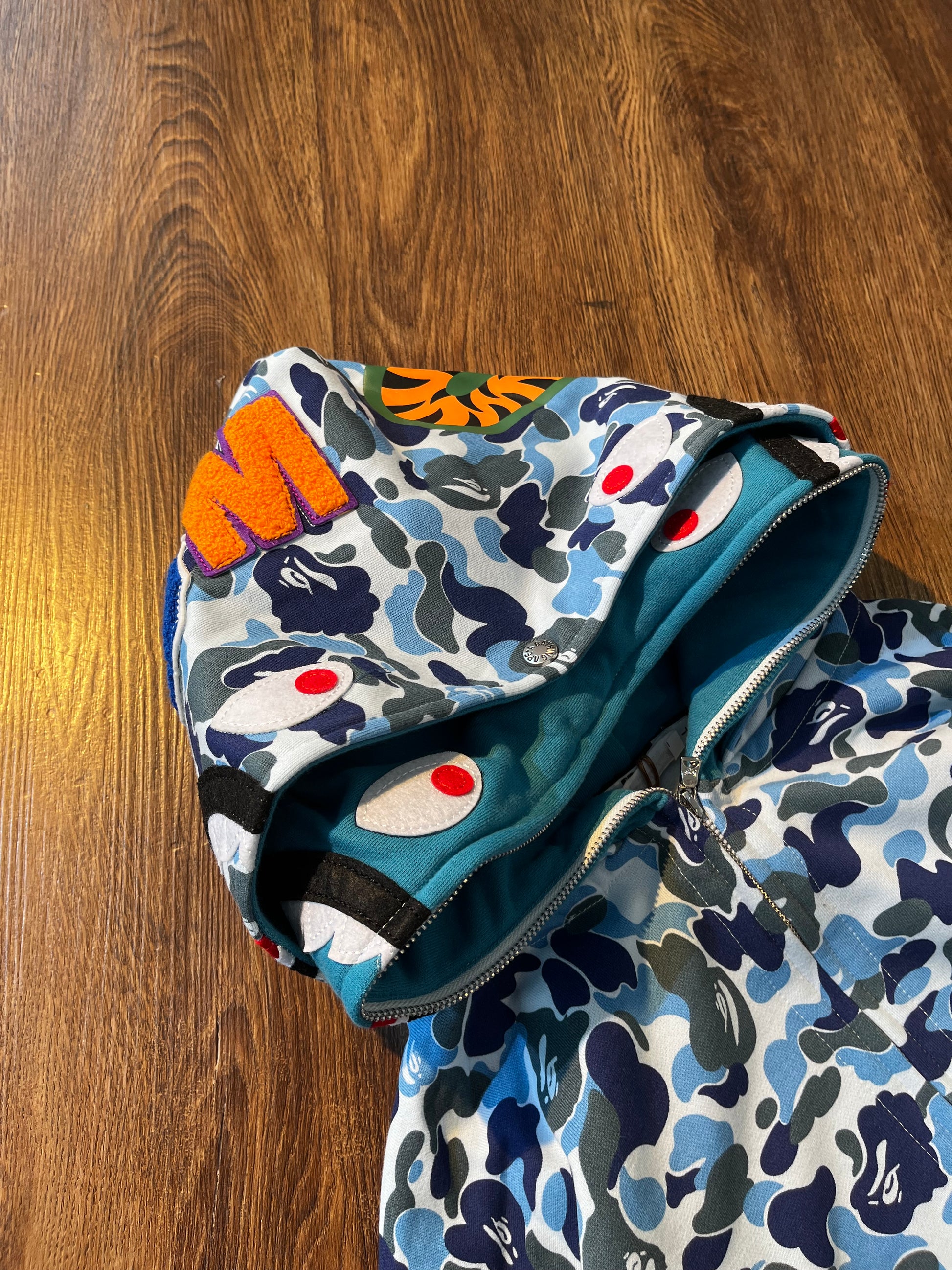 BAPE Double Hood Camo Shark Wide Full Zip Hoodie in Blue