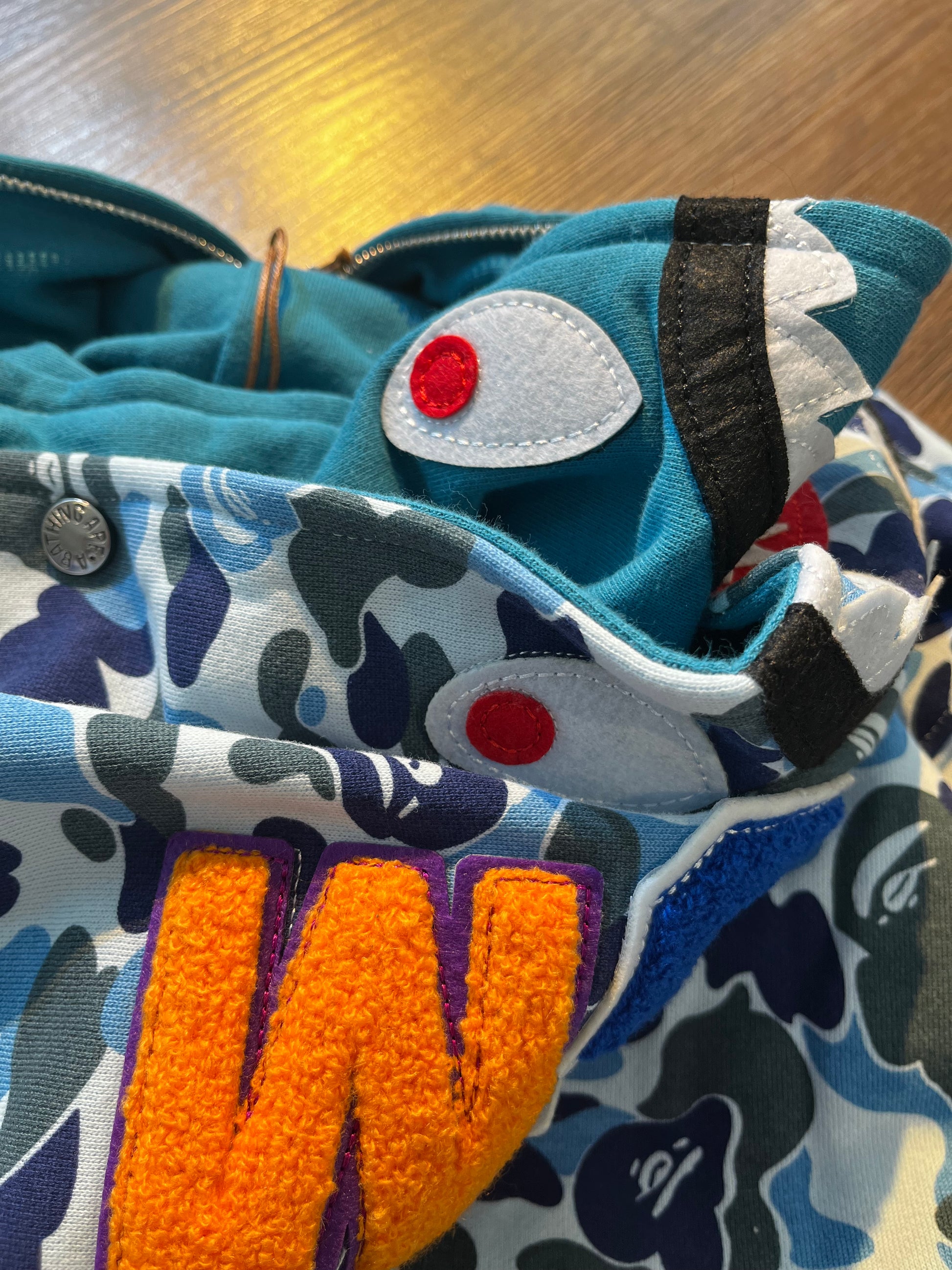 BAPE Double Hood Camo Shark Wide Full Zip Hoodie in Blue