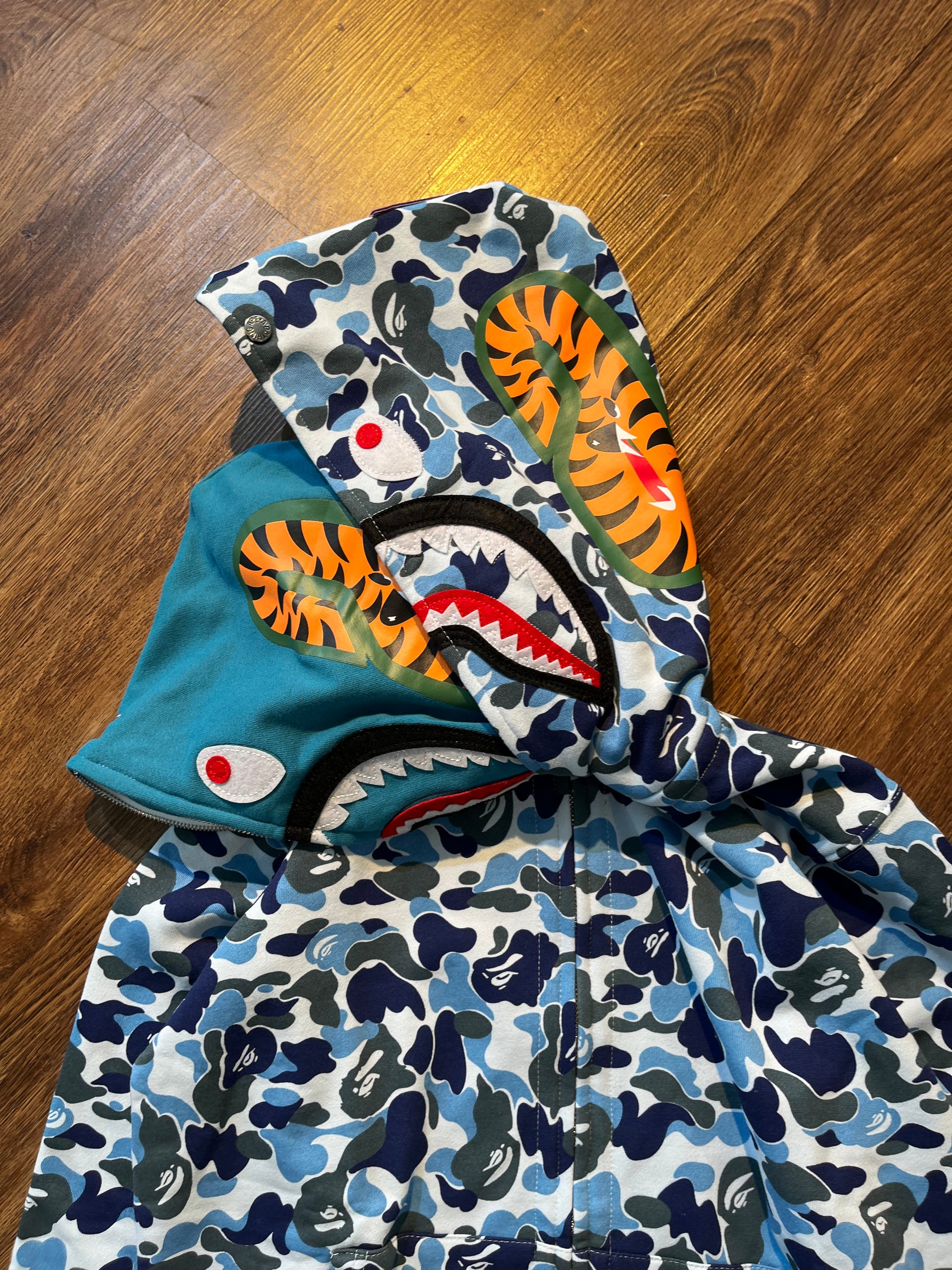 BAPE Double Hood Camo Shark Wide Full Zip Hoodie in Blue