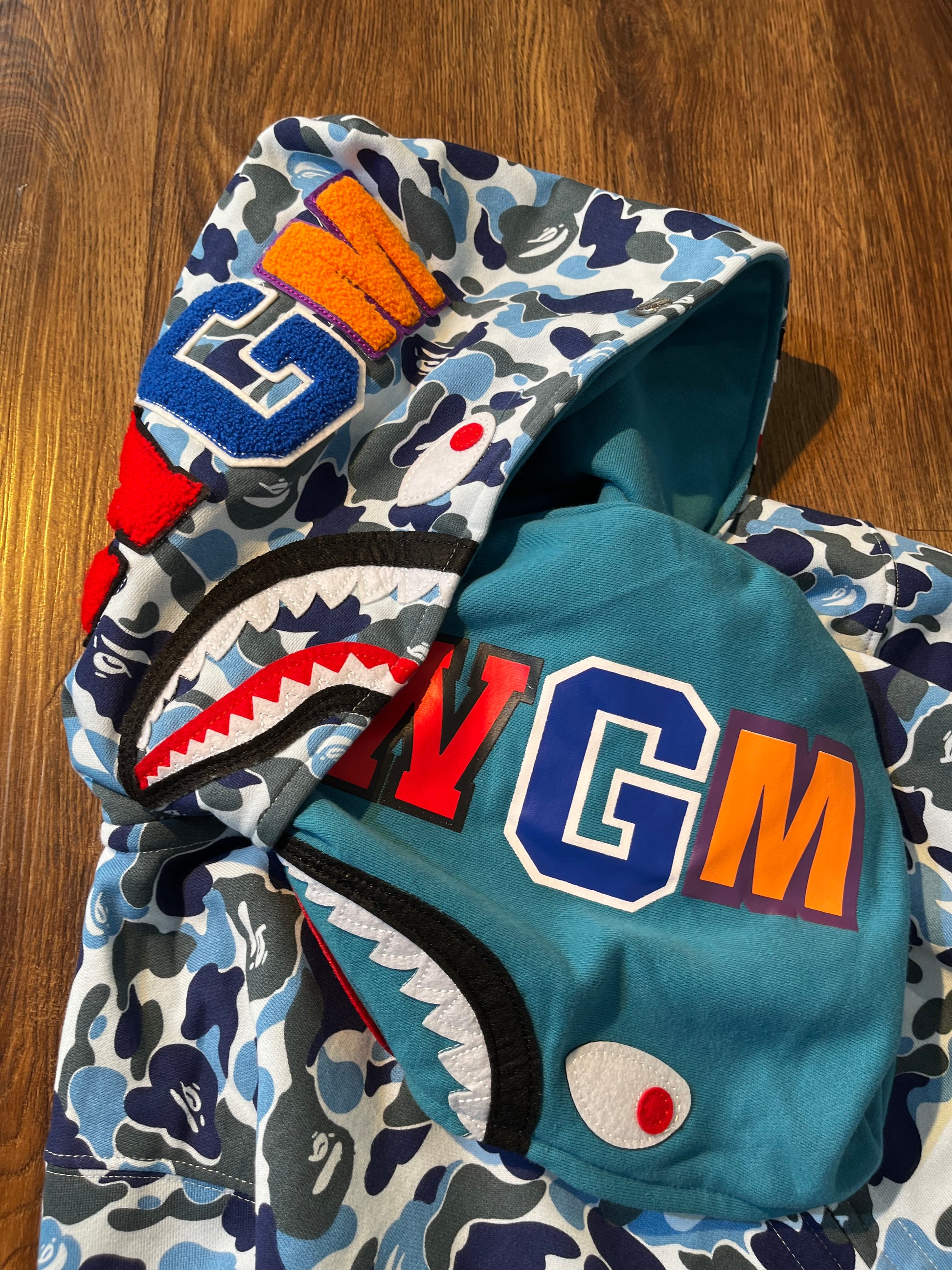 BAPE Double Hood Camo Shark Wide Full Zip Hoodie in Blue