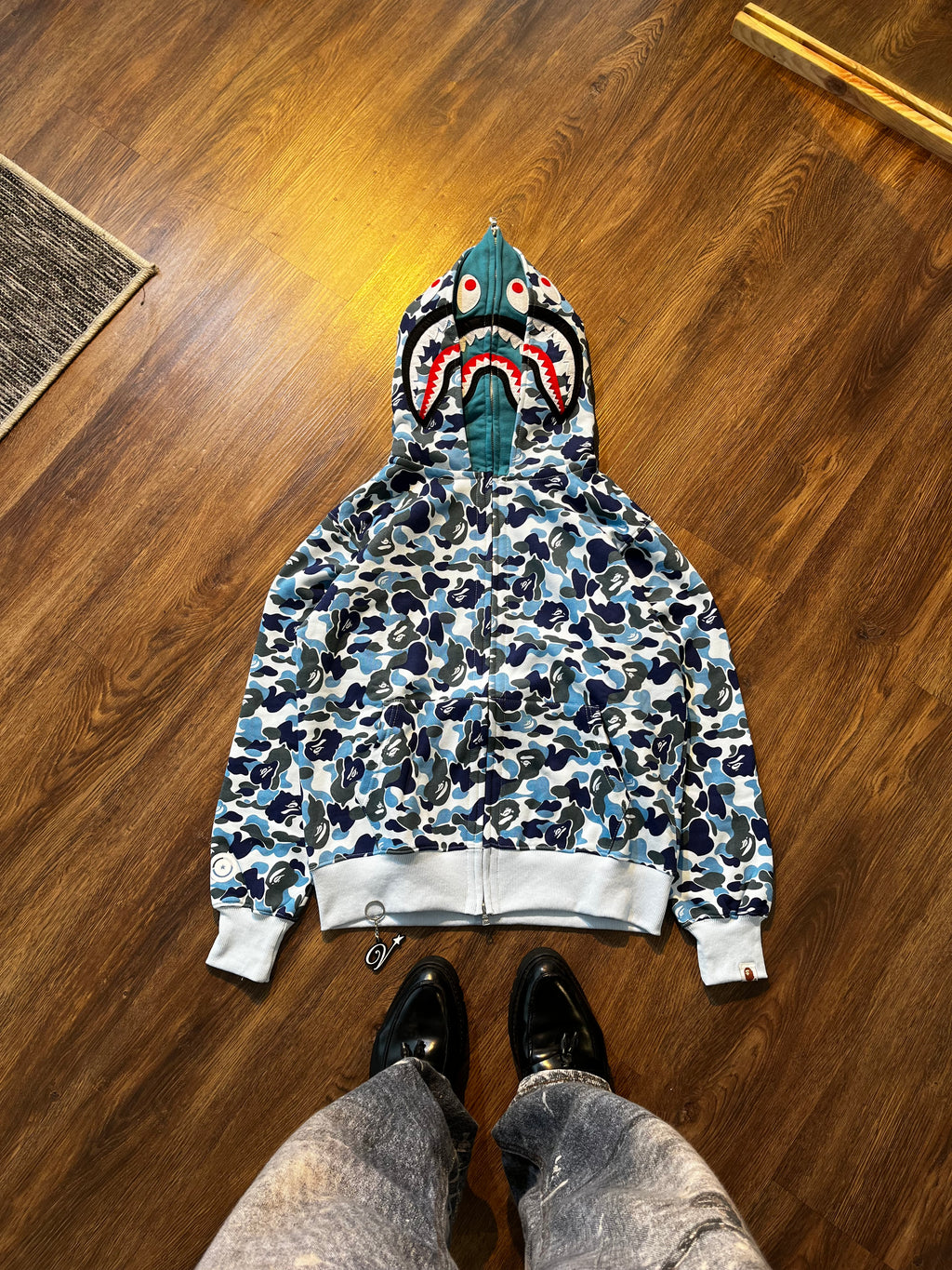 BAPE Double Hood Camo Shark Wide Full Zip Hoodie in Blue
