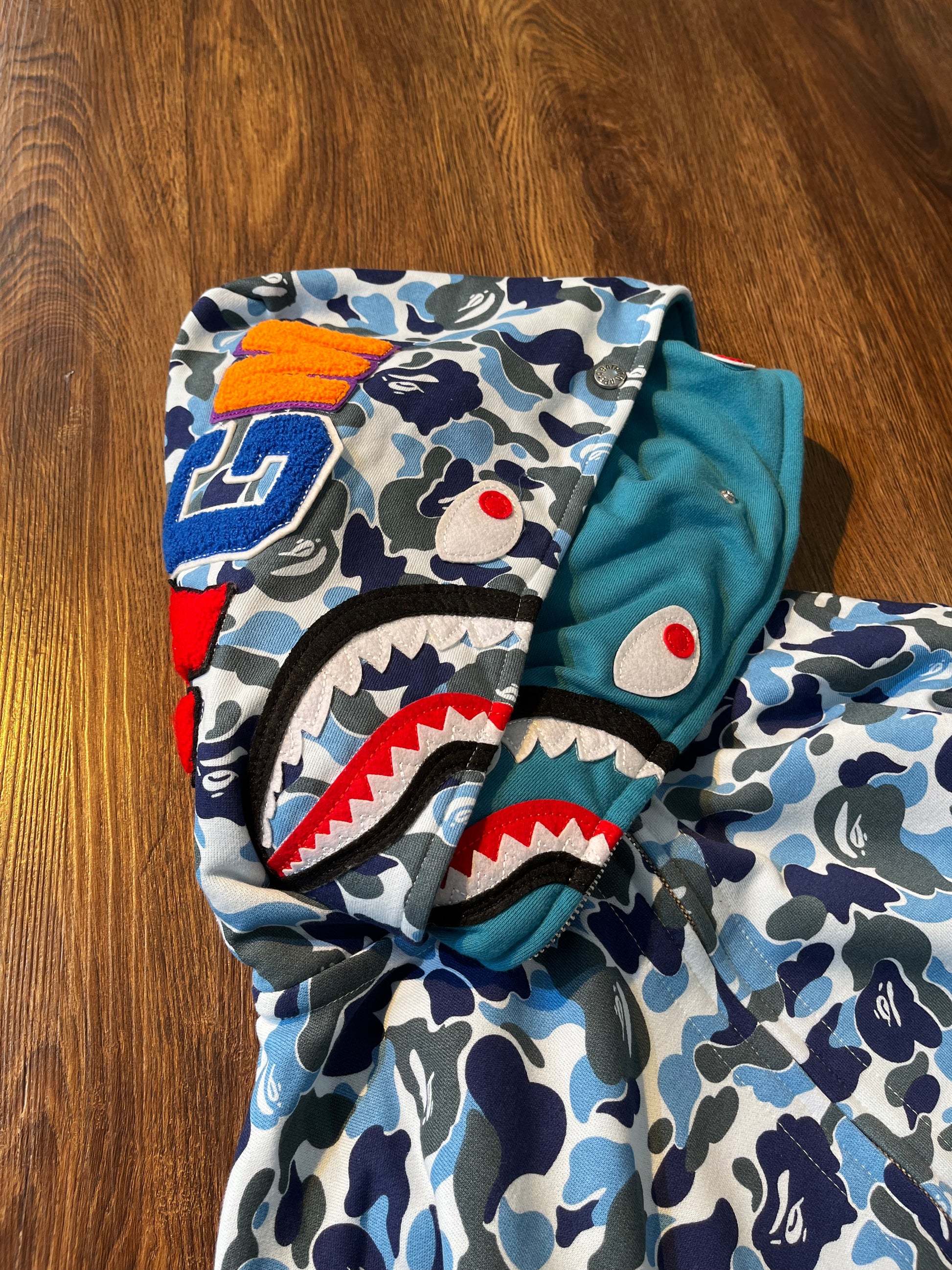 BAPE Double Hood Camo Shark Wide Full Zip Hoodie in Blue