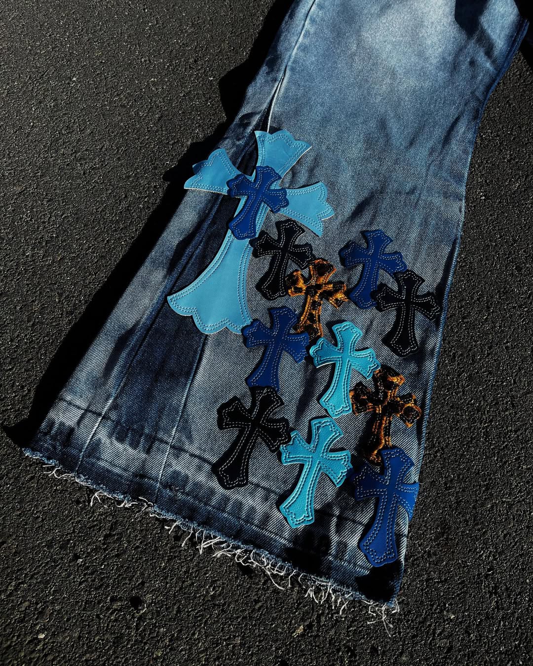 Chrome Hearts La Flare Cemetery Cross Patch Denim Pants