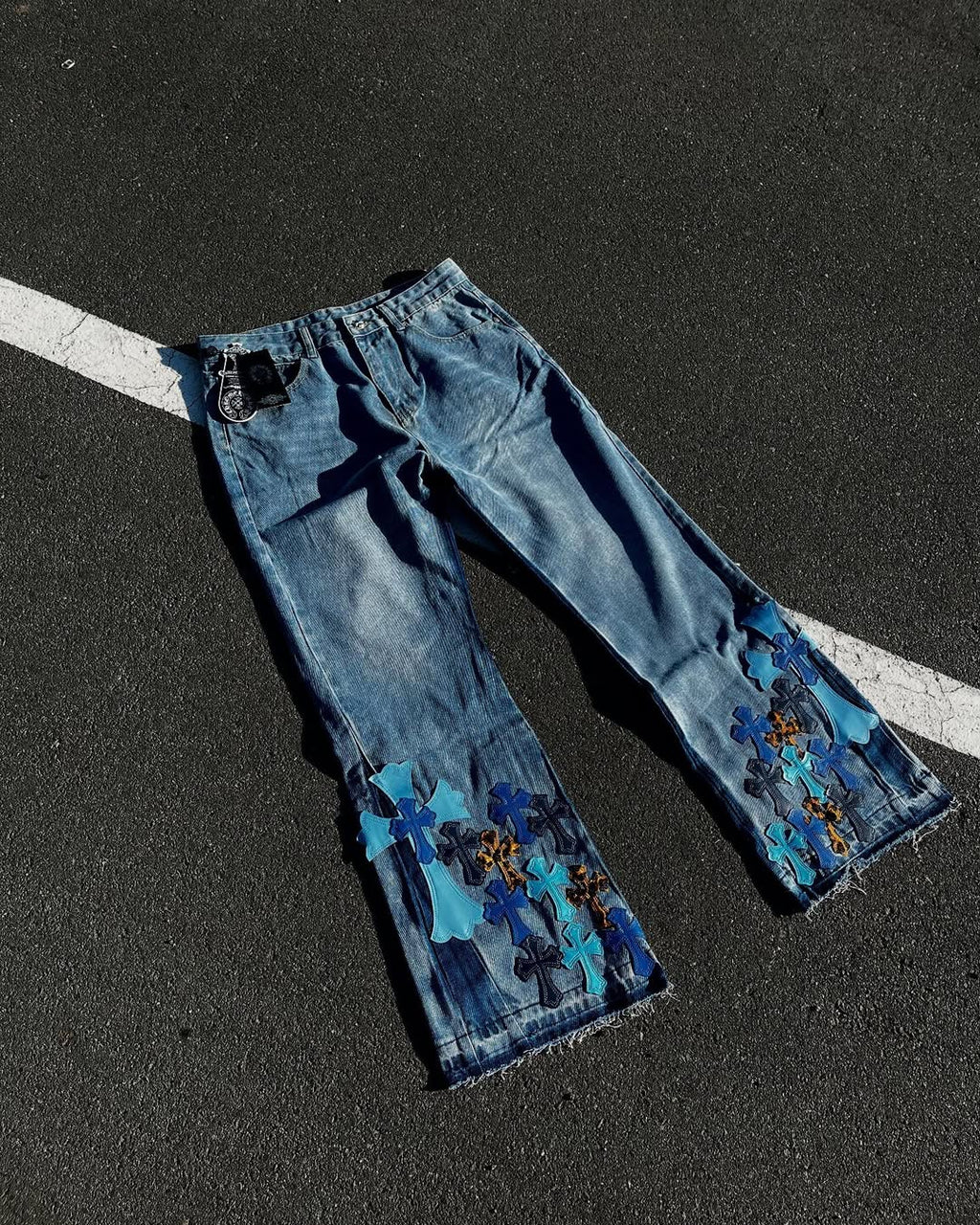 Chrome Hearts La Flare Cemetery Cross Patch Denim Pants