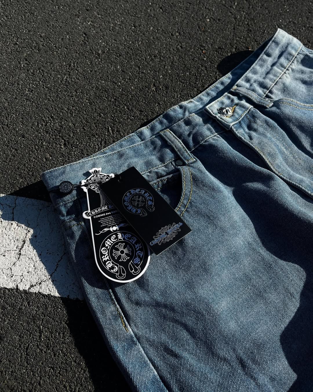 Chrome Hearts La Flare Cemetery Cross Patch Denim Pants
