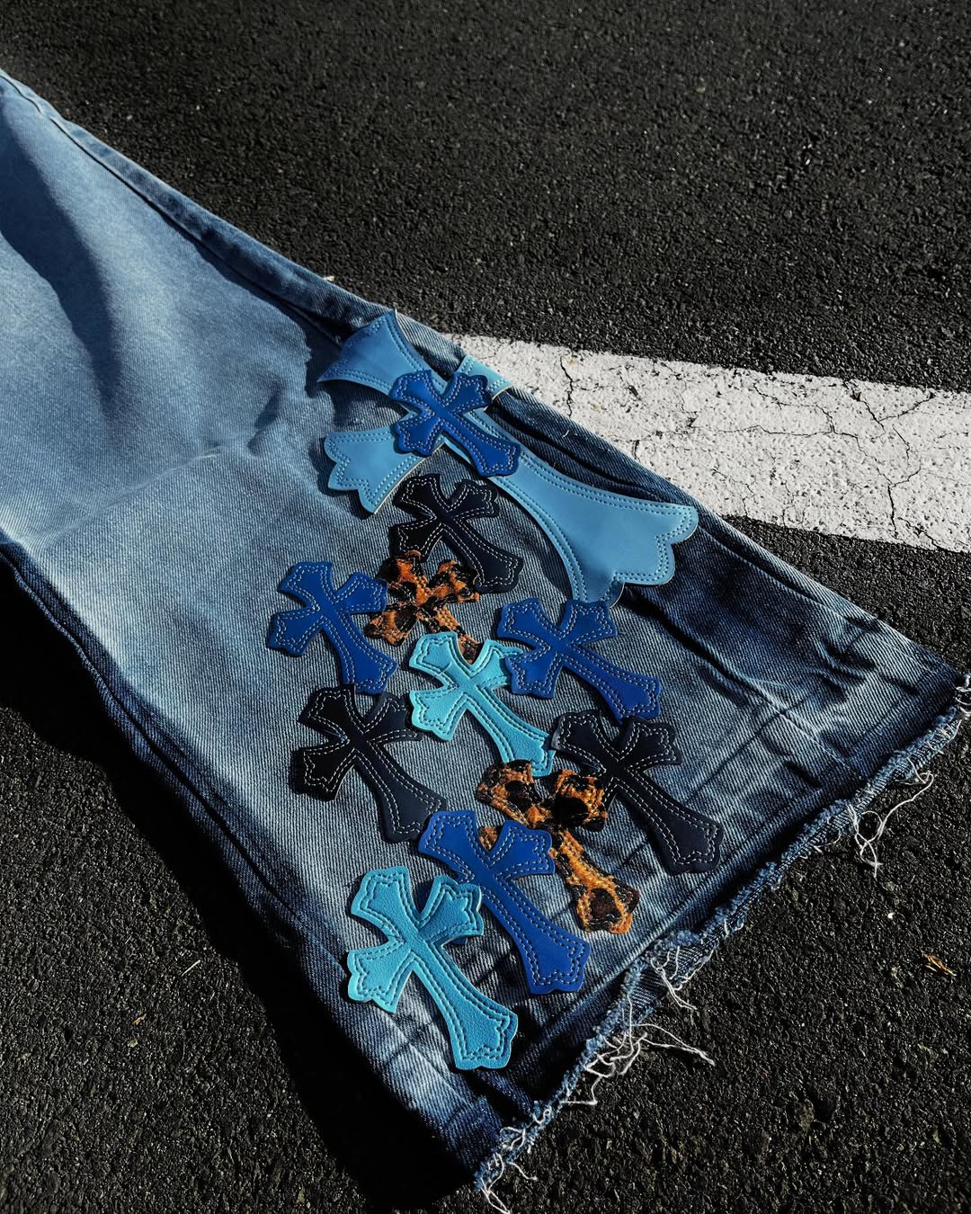 Chrome Hearts La Flare Cemetery Cross Patch Denim Pants