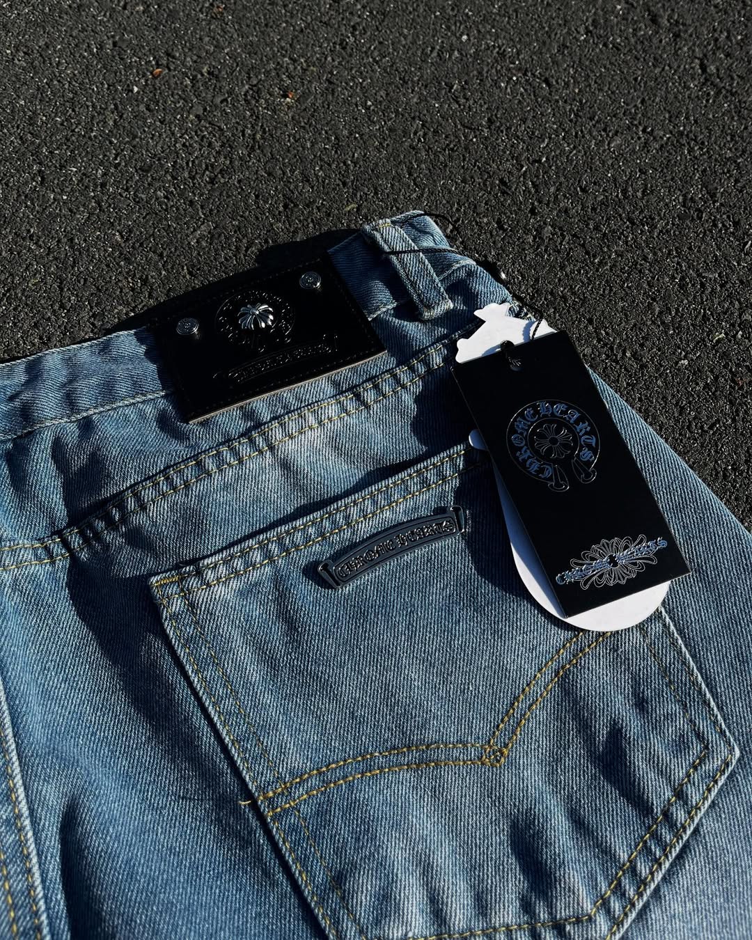 Chrome Hearts La Flare Cemetery Cross Patch Denim Pants