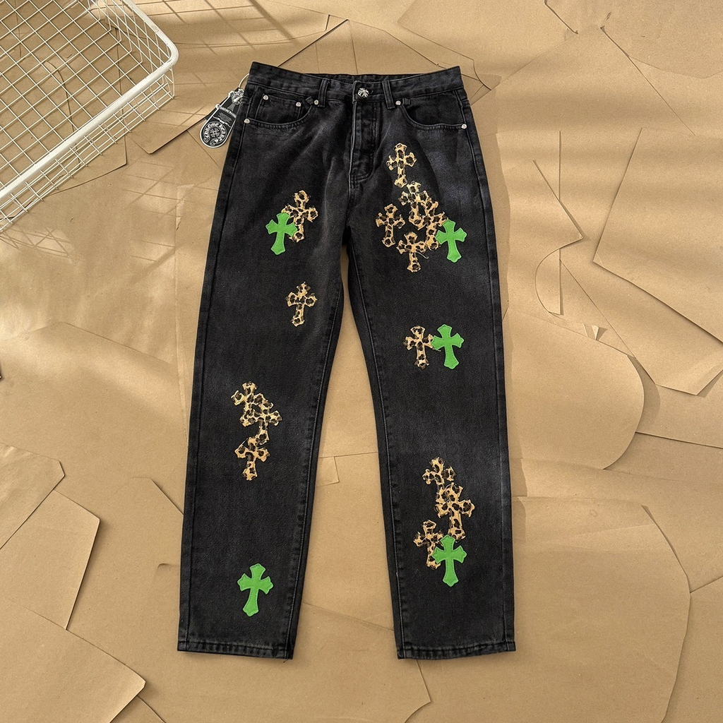 Chrome Hearts Leopard & Green Patch Denim Pants