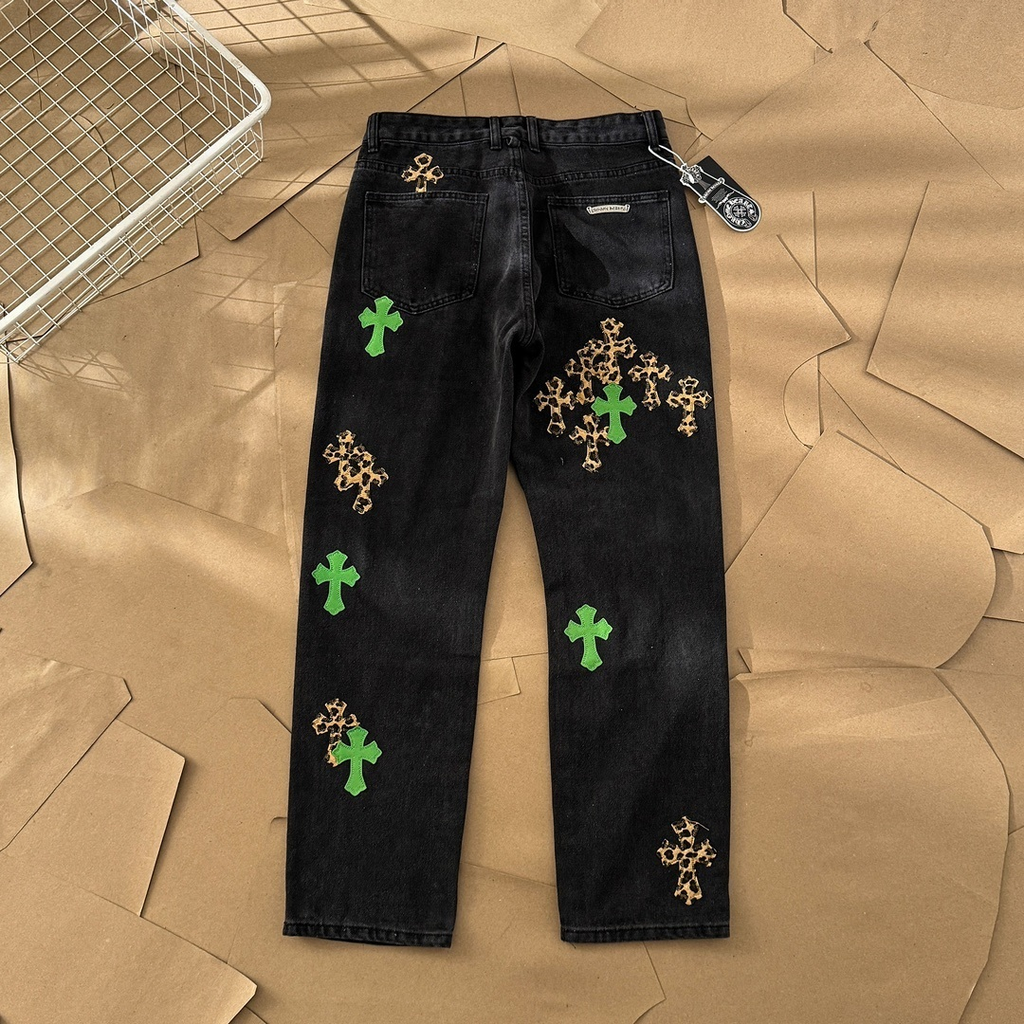 Chrome Hearts Leopard & Green Patch Denim Pants
