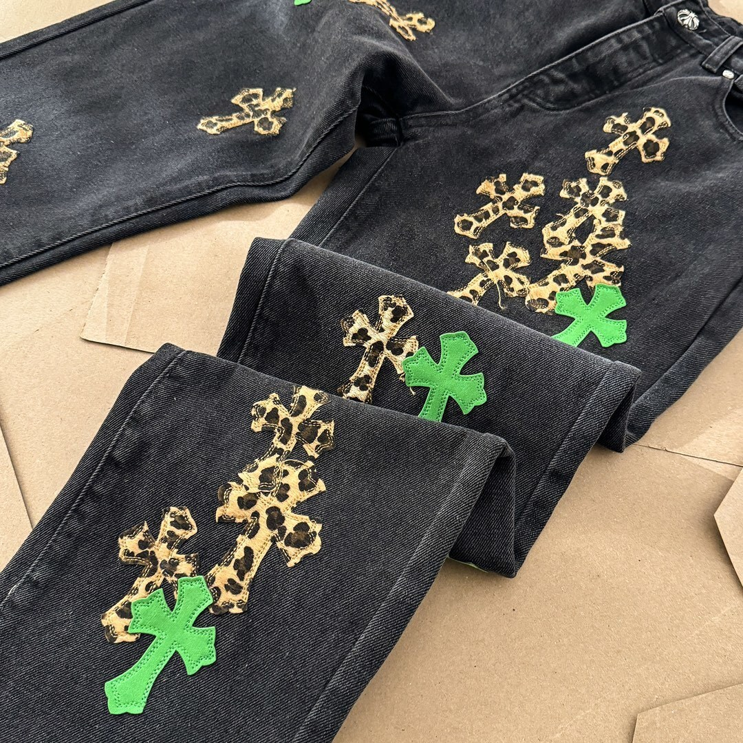 Chrome Hearts Leopard & Green Patch Denim Pants