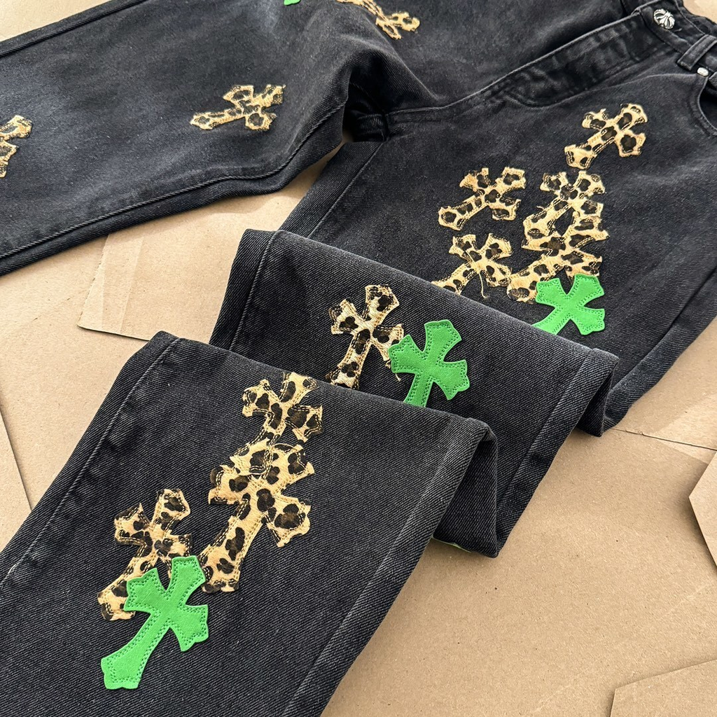 Chrome Hearts Leopard & Green Patch Denim Pants