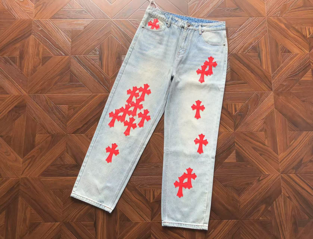 Chrome Hearts Patent Leather Cross Patch Denim Pants