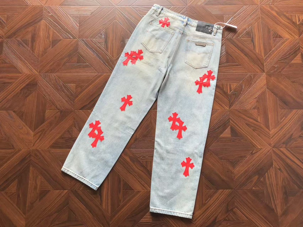 Chrome Hearts Patent Leather Cross Patch Denim Pants