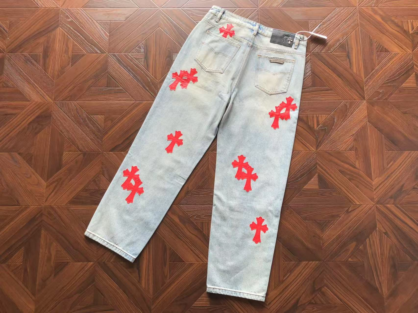 Chrome Hearts Patent Leather Cross Patch Denim Pants