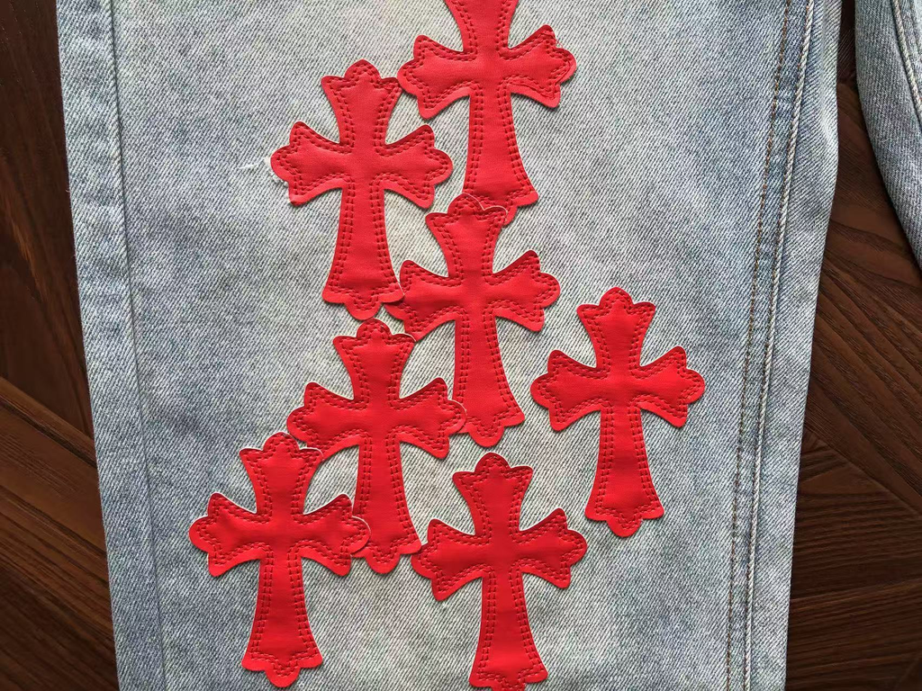 Chrome Hearts Patent Leather Cross Patch Denim Pants