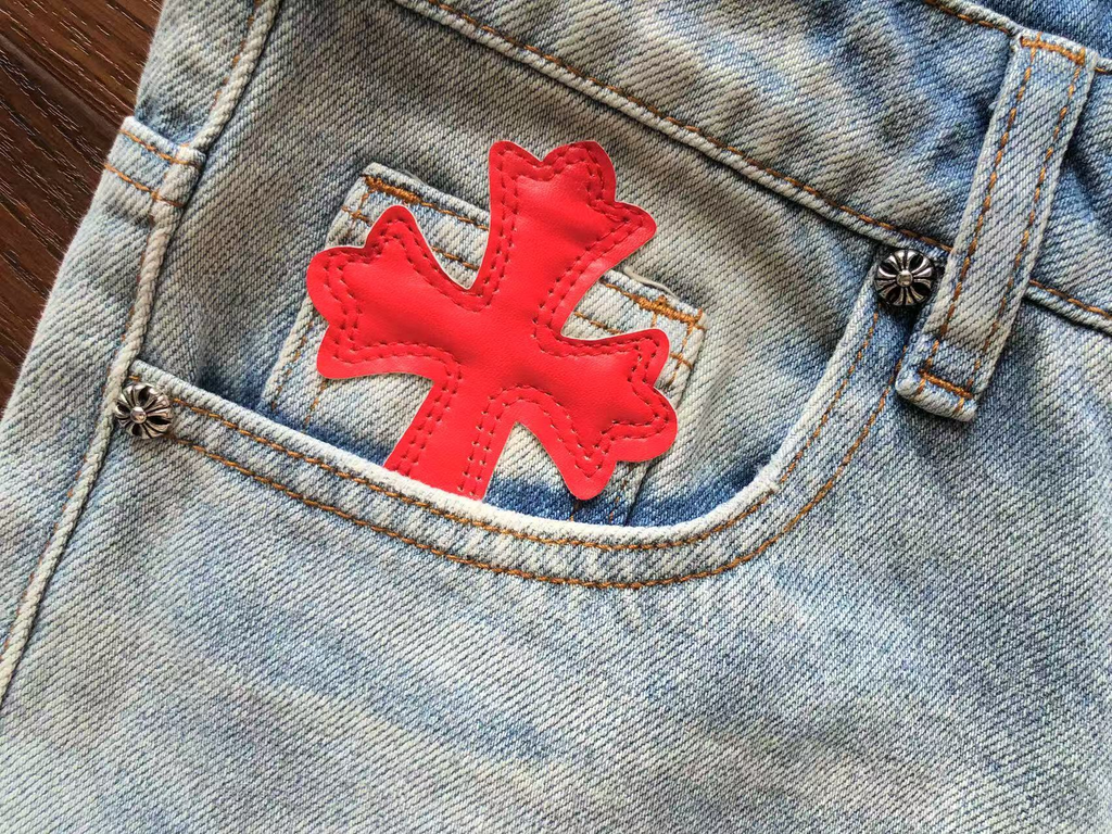 Chrome Hearts Patent Leather Cross Patch Denim Pants